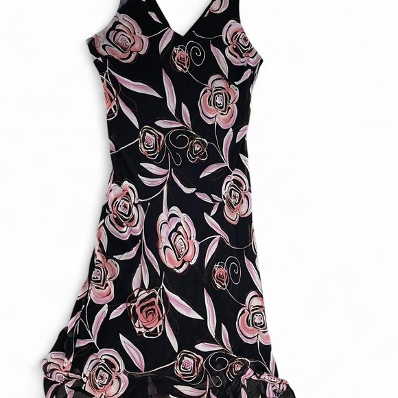 Mary McFadden Dresses & Skirts - 90s Mary McFadden black and pink floral dress with ruffle hem